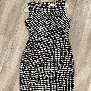 Calvin Klein Black and White Ruched Sheath Midi Dress